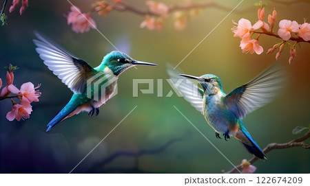 Photo focus colorful honeybirds flying over the flower. Generate AI Photo focus colorful honeybirds flying over the flower. Generate AI 122674209
