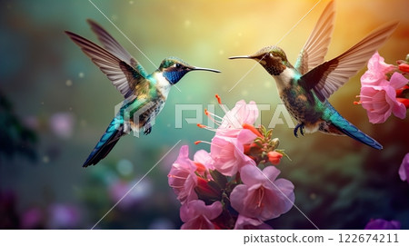 Photo focus colorful honeybirds flying over the flower. Generate AI 122674211