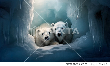 Two giant panda bear walking in the bamboo forest at sunset. Generate Ai 122674214