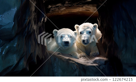 Two giant panda bear walking in the bamboo forest at sunset. Generate Ai 122674215