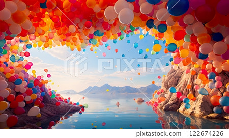 Photo focusthousands of colorfull balon in the sky . generate Ai 122674226