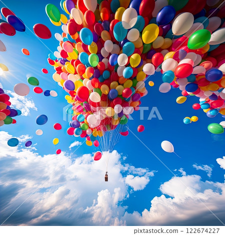 Photo focusthousands of colorfull balon in the sky . generate Ai 122674227