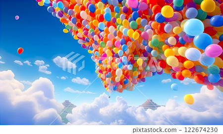 Photo focusthousands of colorfull balon in the sky . generate Ai 122674230