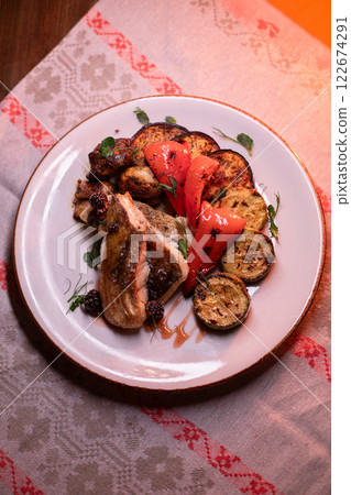Restaurant dish fish with vegetables: zucchini Restaurant dish fish with vegetables: zucchini 122674291
