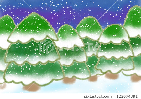 Fir tree forest and snow card 122674391