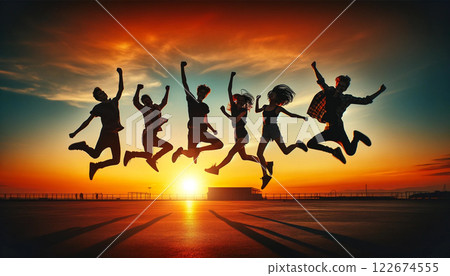 夕陽背景下，年輕男女快樂跳躍的側影 122674555