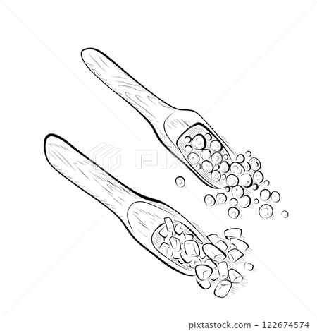 Line drawing. Line art of food - wooden spoons with spices salt and pepper. 122674574