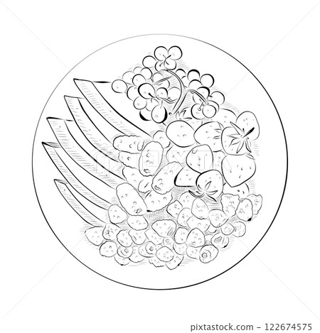 Line drawing. Line art of food - plate with fruits and berries. 122674575