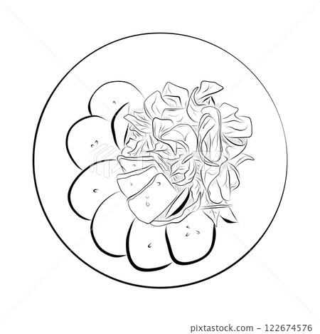 Line drawing. Line art of food - plate with salad with greens, cheese, pear. 122674576