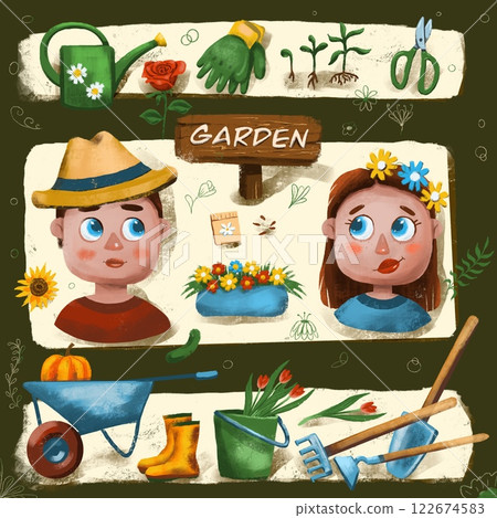 boy and girl, gardening set, digital drawing with imitation of natural materials 122674583