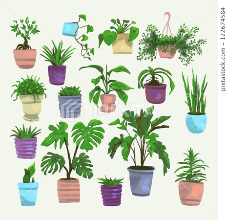 garden set of plants in pots, digital with imitation of natural materials 122674584