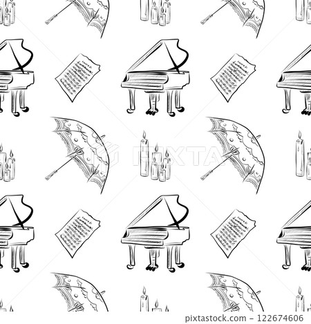 vector seamless patterns of line art elements on the theme of wedding 122674606