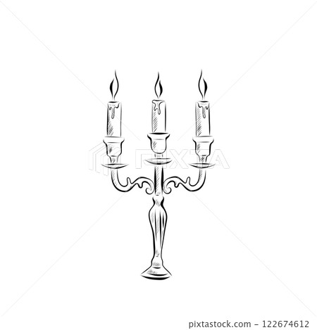 Line drawing. Candlestick with three candles in line art style. Line drawing. Candlestick with three candles in line art style. 122674612