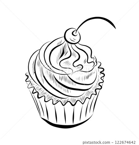 Line drawing. Line art cupcake with cream and cherry. Vector Line drawing. Line art cupcake with cream and cherry. Vector 122674642