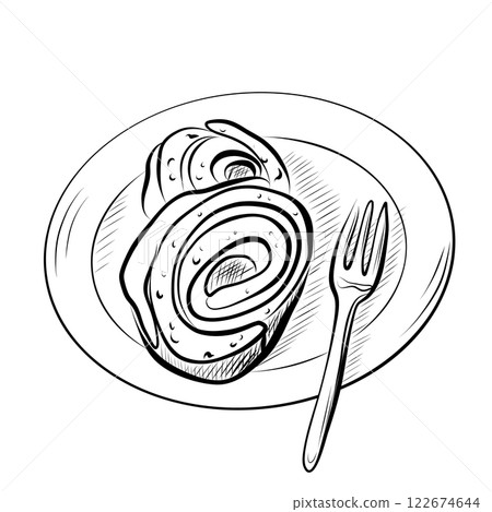 Line drawing. Line art sweet roll on a plate with a fork. 122674644