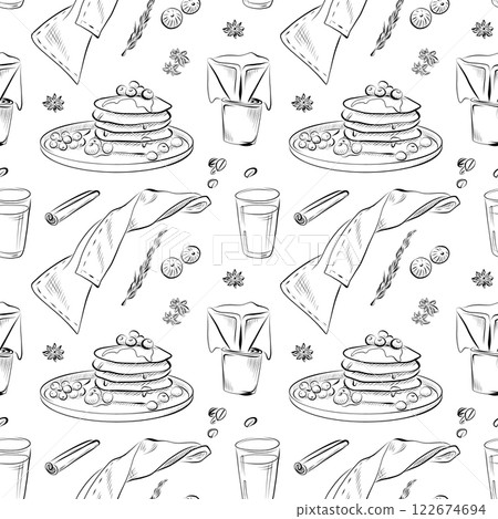 vector seamless pattern line art elements - food, cuisine 122674694