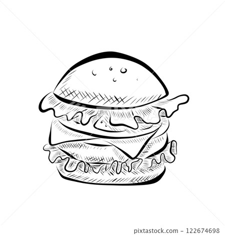 Line drawing. Art line burger with salad, cutlet, cheese. Vector Line drawing. Art line burger with salad, cutlet, cheese. Vector 122674698