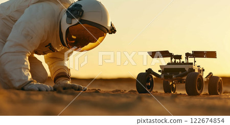 Astronaut examines robotic rover on sandy terrain at sunset 122674854