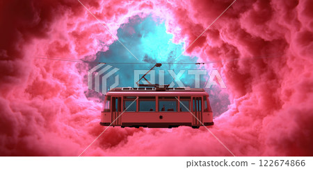 sci fi tram travels through vibrant cosmic cloud, evoking wonder 122674866
