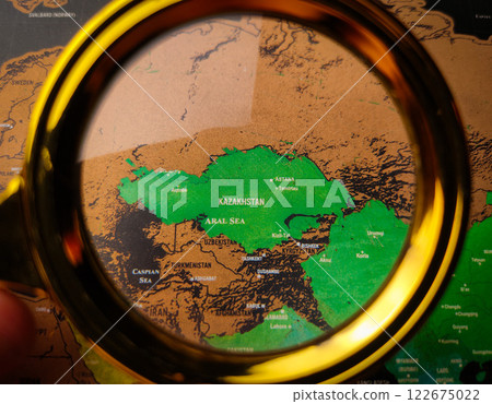Closeup magnifying glass and focus to KAZAKHSTAN map. 122675022