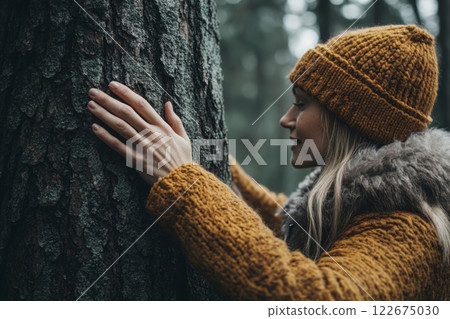 Woman connecting with nature by touching a tree in the forest 122675030