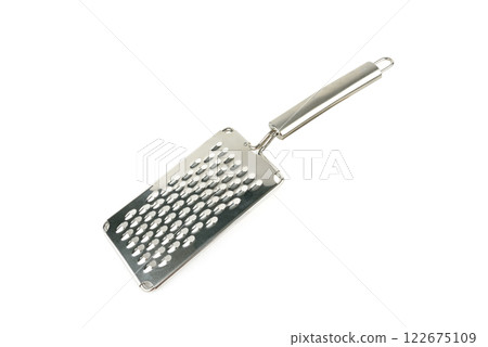 Stainless steel grater isolated on white, top view. Kitchen utensil 122675109