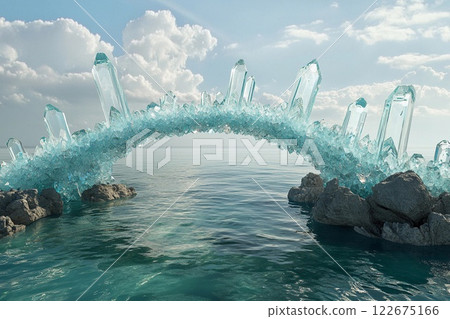 Stunning crystalline bridge over tranquil ocean water under a bright sky 122675166