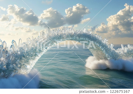 Stunning crystalline bridge over tranquil ocean water under a bright sky 122675167