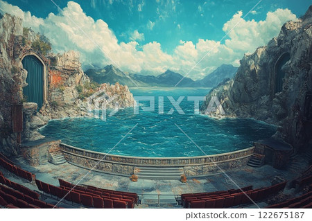 Dramatic theater stage with giant ocean waves crashing in a surreal artistic display 122675187