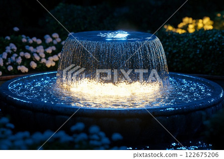 Moonlit fountain illuminates peaceful park at night under a clear starry sky 122675206