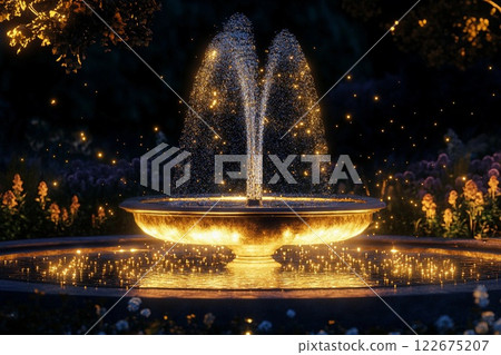 Moonlit fountain illuminates peaceful park at night under a clear starry sky 122675207