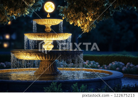 Moonlit fountain illuminates peaceful park at night under a clear starry sky Moonlit fountain illuminates peaceful park at night under a clear starry sky 122675213