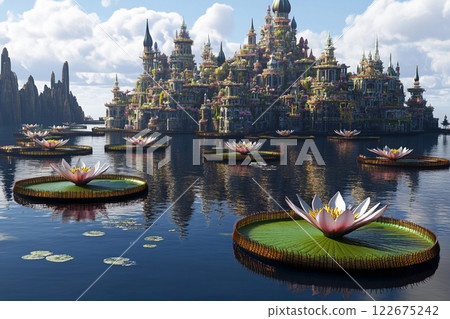 Stunning floating castle surrounded by blooming lotus flowers and tranquil waters at midday 122675242