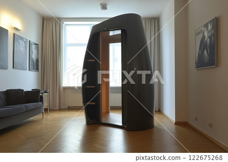 Intriguing space door design opens into modern apartment with sleek architecture 122675268