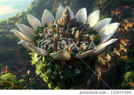 Fantasy cityscape nestled within a giant lotus flower in a surreal landscape 122675304