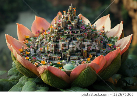 Fantasy cityscape nestled within a giant lotus flower in a surreal landscape 122675305