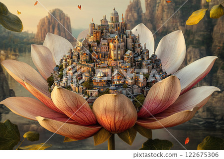Fantasy cityscape nestled within a giant lotus flower in a surreal landscape 122675306