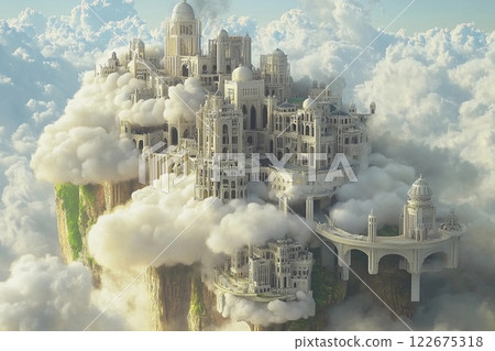 City of clouds with towering skyscrapers and serene blue sky at sunset City of clouds with towering skyscrapers and serene blue sky at sunset 122675318