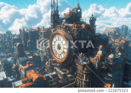 Clock tower forms the centerpiece of a breathtaking medieval cityscape under a clear sky 122675323