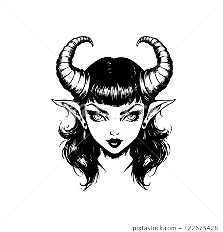 Vector of a demon woman with horns, pointed ears, and striking eyes, combining gothic allure and dark fantasy elements. 122675428