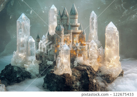 Majestic castle surrounded by towering crystal formations on a misty mountaintop 122675433