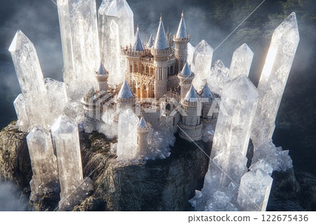 Majestic castle surrounded by towering crystal formations on a misty mountaintop 122675436