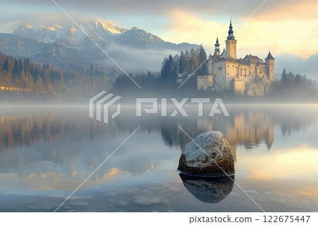 Serene view of a fairytale castle reflecting in a calm lake surrounded by lush mountains during early morning 122675447