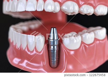 Dental implants displayed in a model of a human jaw demonstrating oral health and restoration procedures 122675458