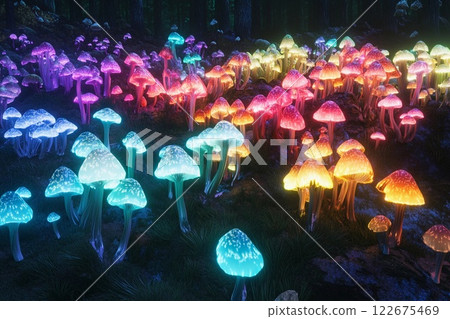 Vibrant bioluminescent mushrooms illuminate a mystical forest pathway during twilight hours 122675469