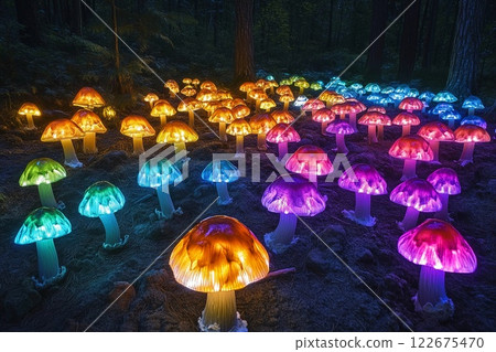 Vibrant bioluminescent mushrooms illuminate a mystical forest pathway during twilight hours 122675470