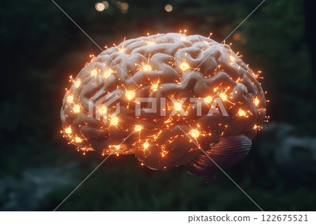 Brain activity illustrated with glowing connections highlighting neural pathways and cognitive processes 122675521