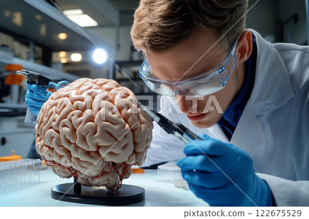 Scientist examines detailed model of human brain in laboratory setting during daylight 122675529