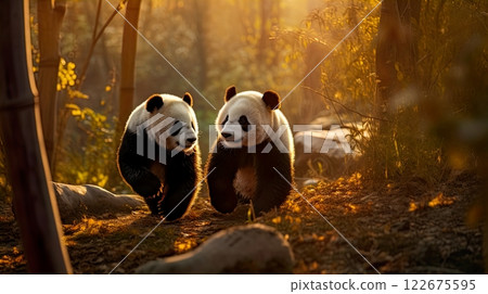 Two giant panda bear walking in the bamboo forest at sunset. Generate Ai 122675595