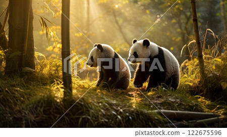 Two giant panda bear walking in the bamboo forest at sunset. Generate Ai 122675596